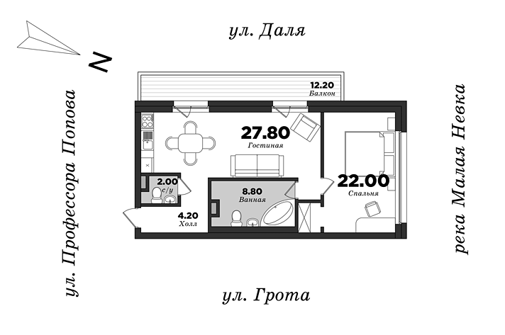 Дом на улице Грота, Корпус 1, 1 спальня, 68.02 м² | планировка элитных квартир Санкт-Петербурга | М16